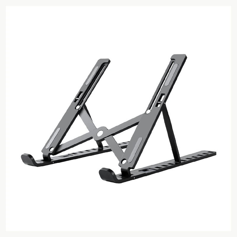 Black open-frame folding laptop stand in a supplier-based illustrative image